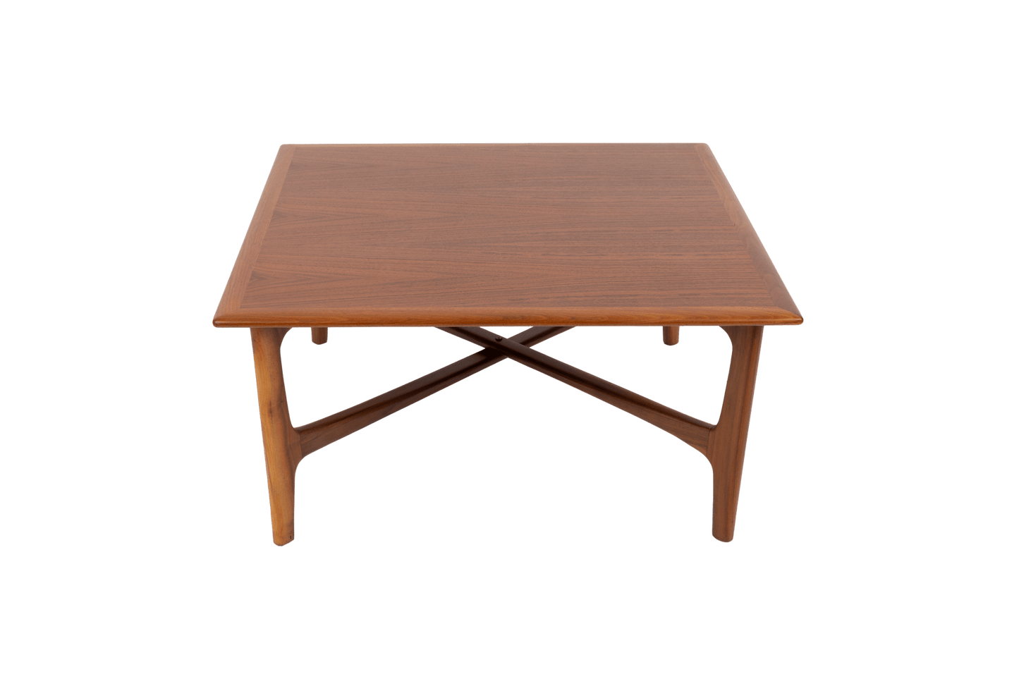 Square mid-century modern teak coffee table with bookmatched top and unique x-shaped base design.