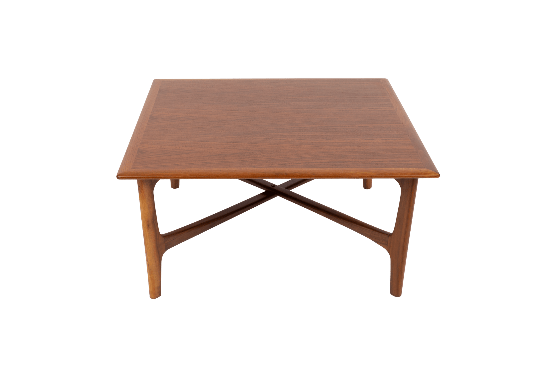 Square mid-century modern teak coffee table with bookmatched top and unique x-shaped base design.