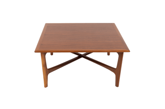 Square mid-century modern teak coffee table with bookmatched top and unique x-shaped base design.