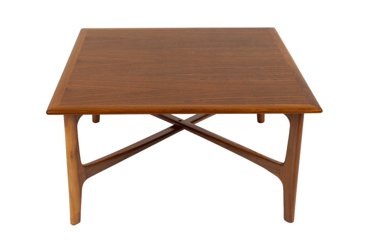 DUX Square Coffee Table by Ohlsson in warm wood with a square top sculptural crossed supports and tapered legs for mid century modern furniture