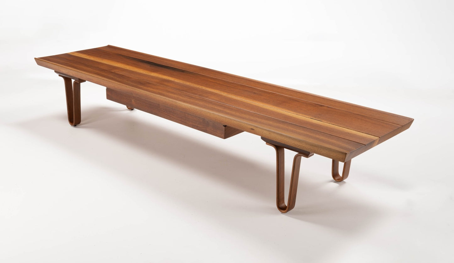 Edward Wormley "Long John" solid walnut coffee table with bentwood hairpin legs and sculpted upturned edges