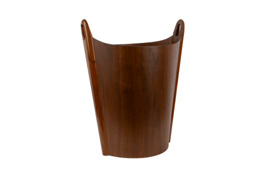Einar Barnes teak wastebasket from the 1960s with thin plywood construction and solid teak handles