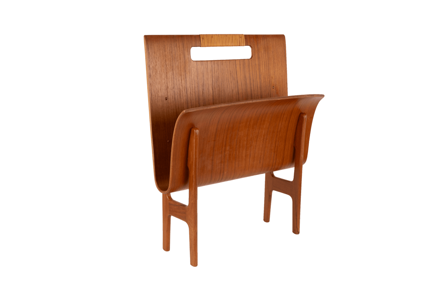 Mid-century modern Ejner Larsen teak magazine rack with sculpted frame and original cane handle, Danish design from the 1960s