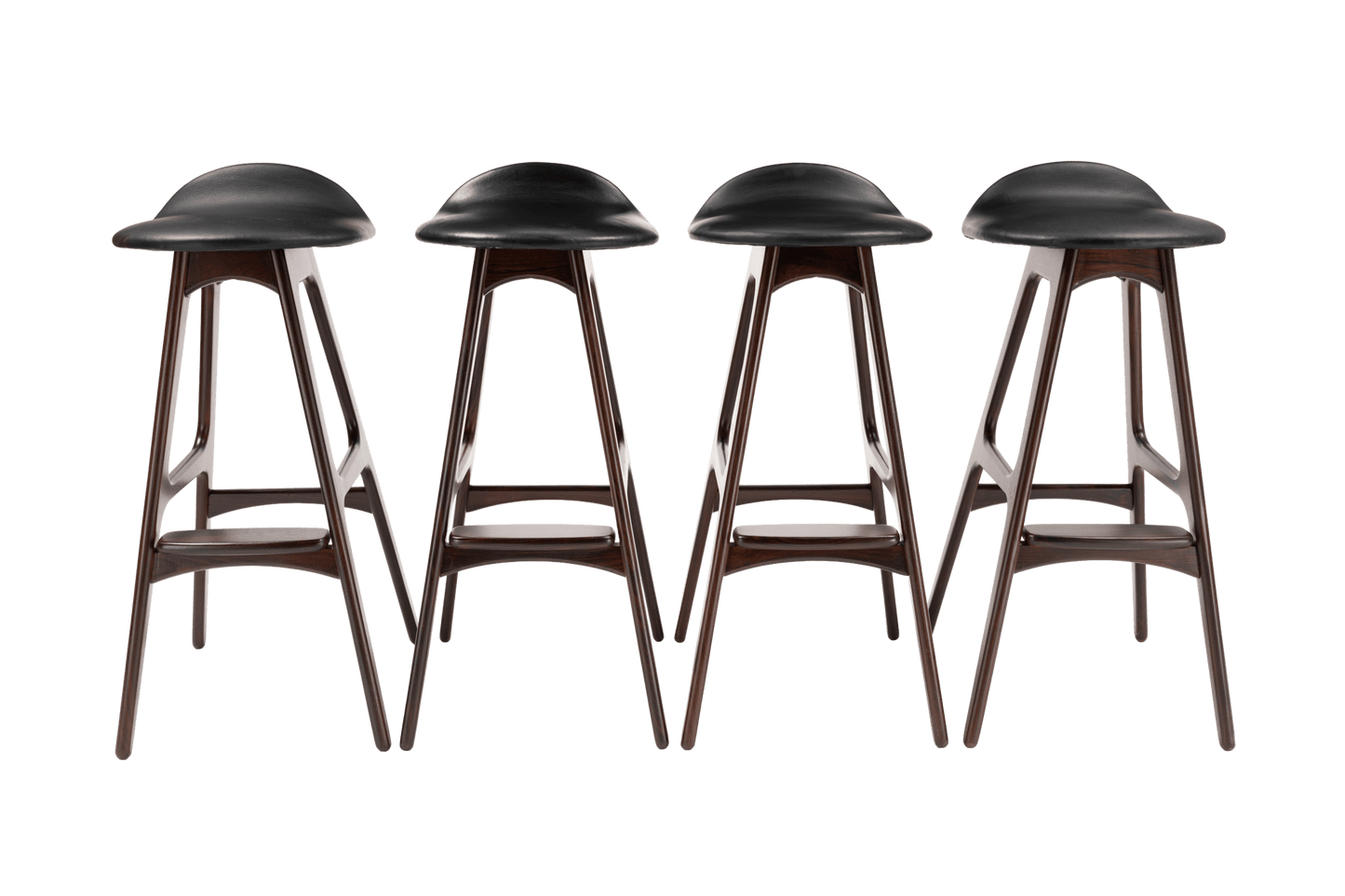 Set of four mid-century modern Erik Buch bar stools with rosewood frames and black leather contoured seats