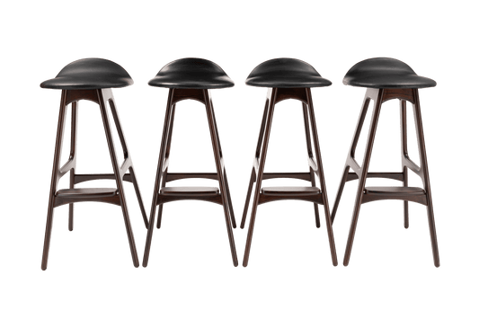 Set of four mid-century modern Erik Buch bar stools with rosewood frames and black leather contoured seats