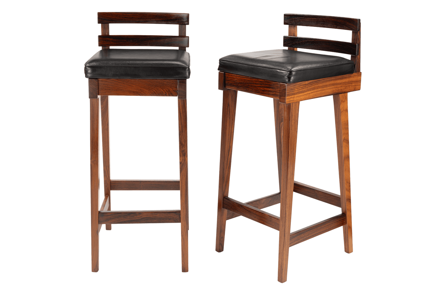 Erik Buck Pair of Rosewood Stools featuring sleek dark wood frames with horizontal back slats and black cushioned leather seats, embodying vintage Danish mid century modern seating design.