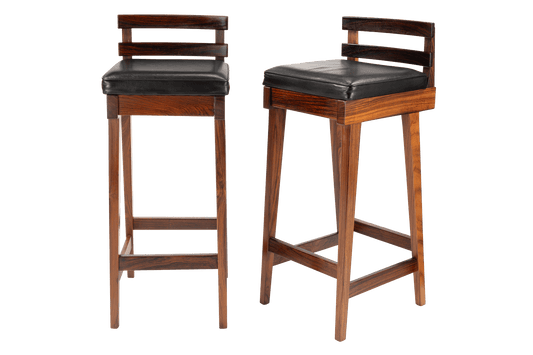 Erik Buck Pair of Rosewood Stools featuring sleek dark wood frames with horizontal back slats and black cushioned leather seats, embodying vintage Danish mid century modern seating design.