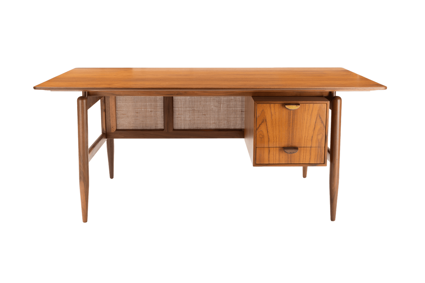 Mid-century modern walnut executive desk with cane panels and two drawers, showcasing elegant 1950s design.
