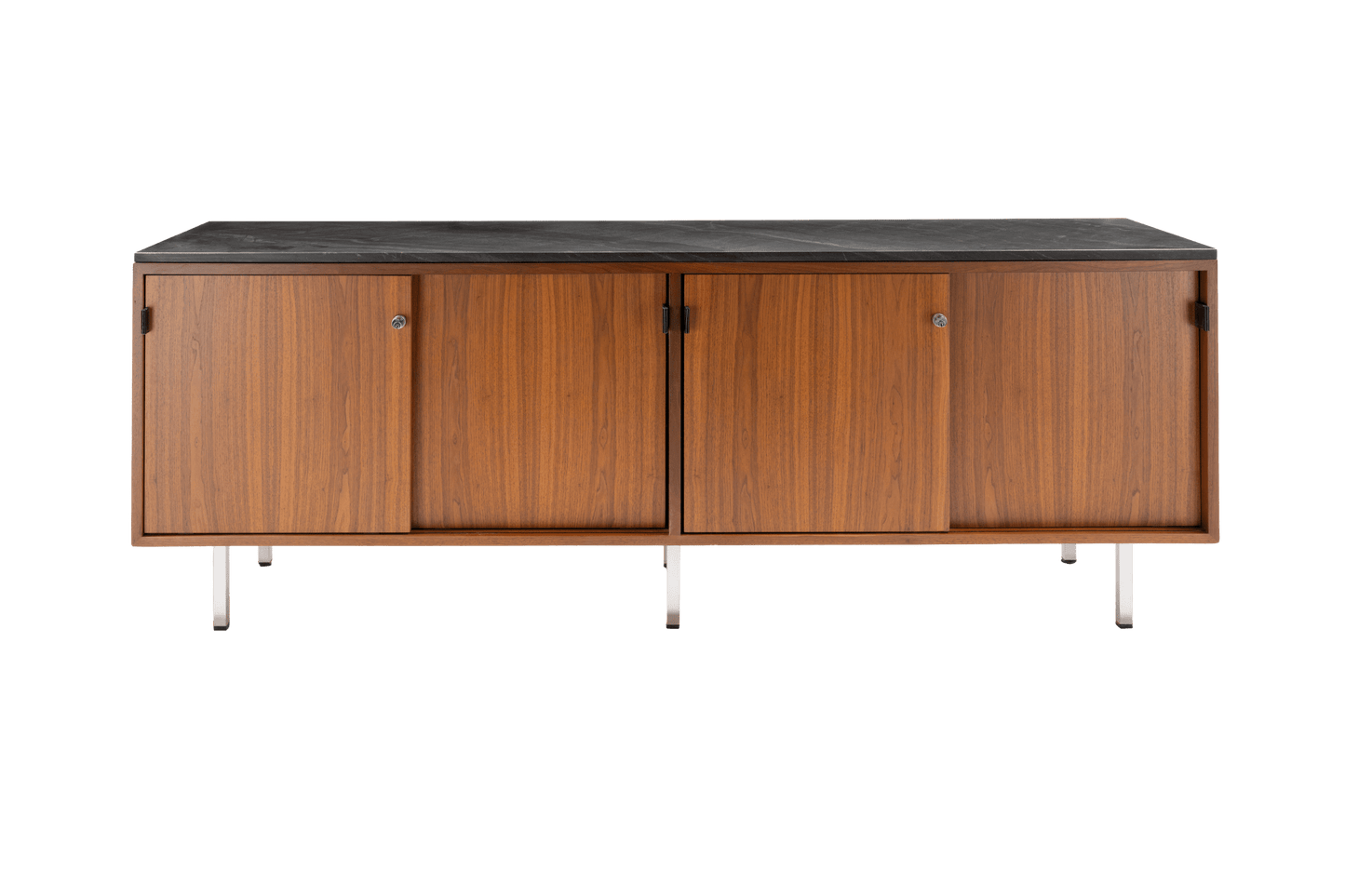 Mid-century modern walnut Florence Knoll credenza with black marble top and locking sliding doors on polished metal legs