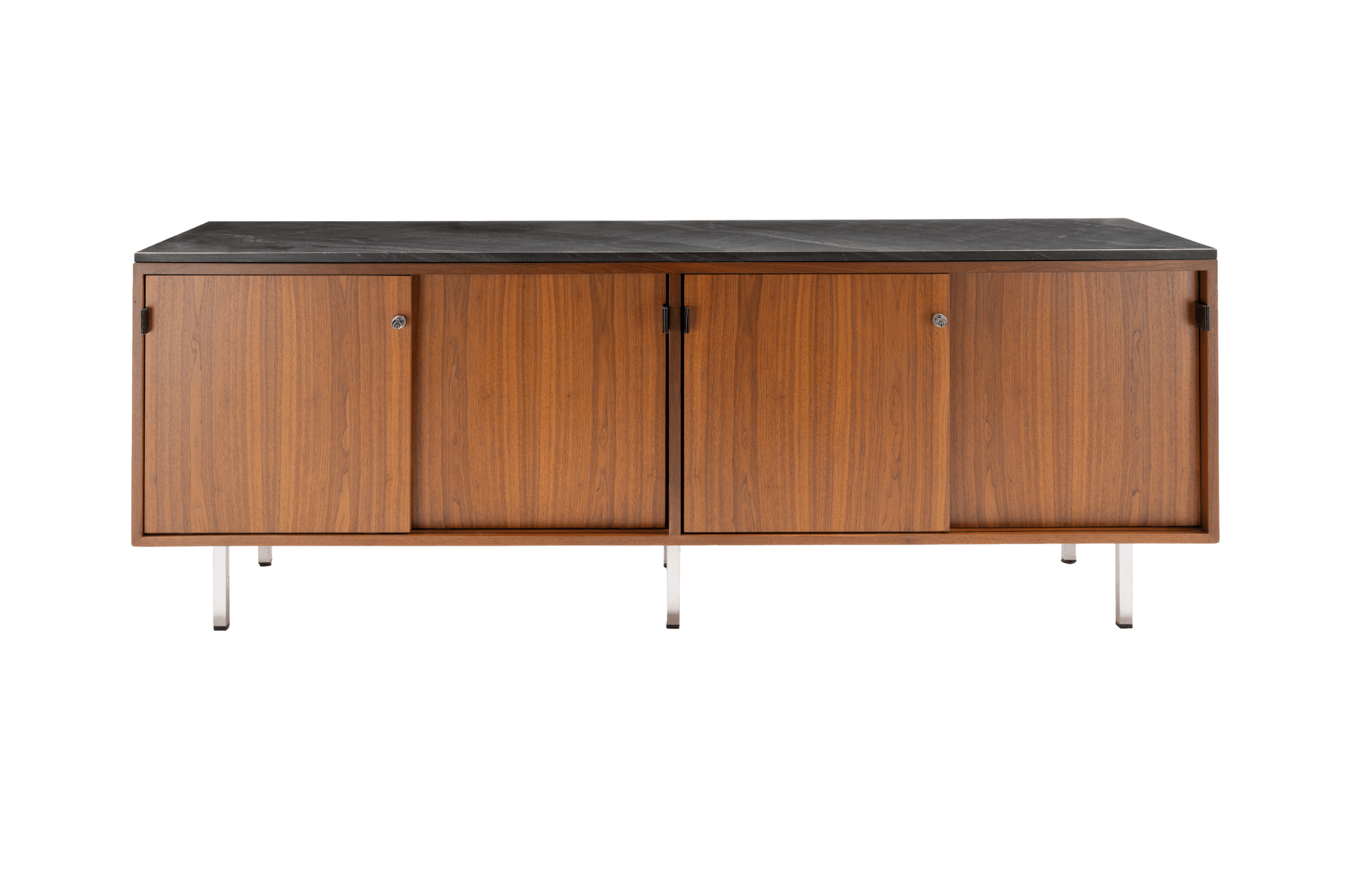 Mid-century modern walnut Florence Knoll credenza with black marble top and locking sliding doors on polished metal legs