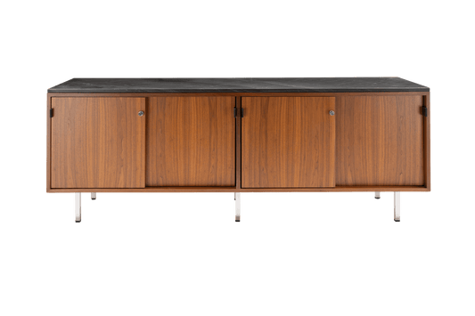 Mid-century modern walnut Florence Knoll credenza with black marble top and locking sliding doors on polished metal legs
