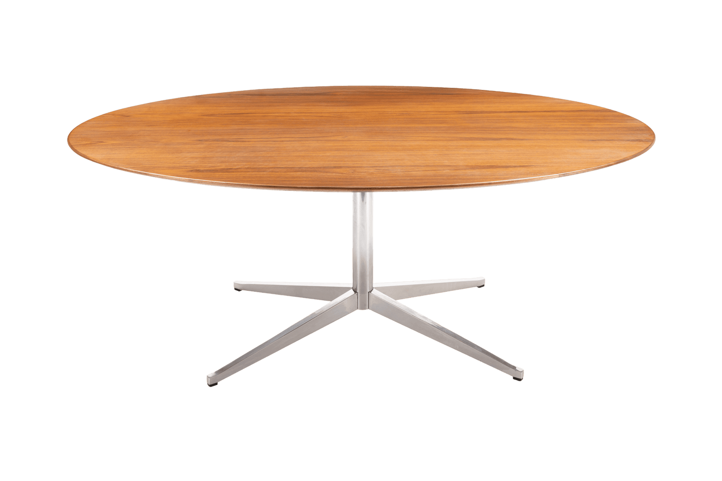Oval mid-century modern walnut dining table with polished chrome four-star base on white background.