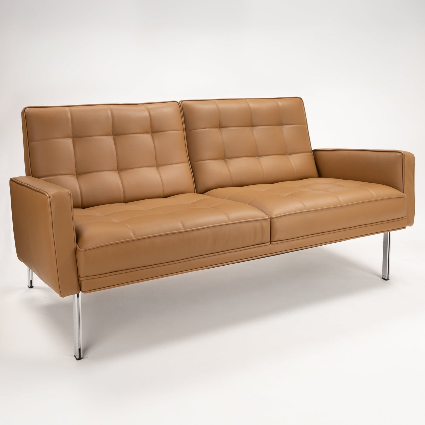 Florence Knoll 'Relaxed' Settee in Leather with caramel brown tufted cushions structured arms and polished metal legs in mid century modern furniture style