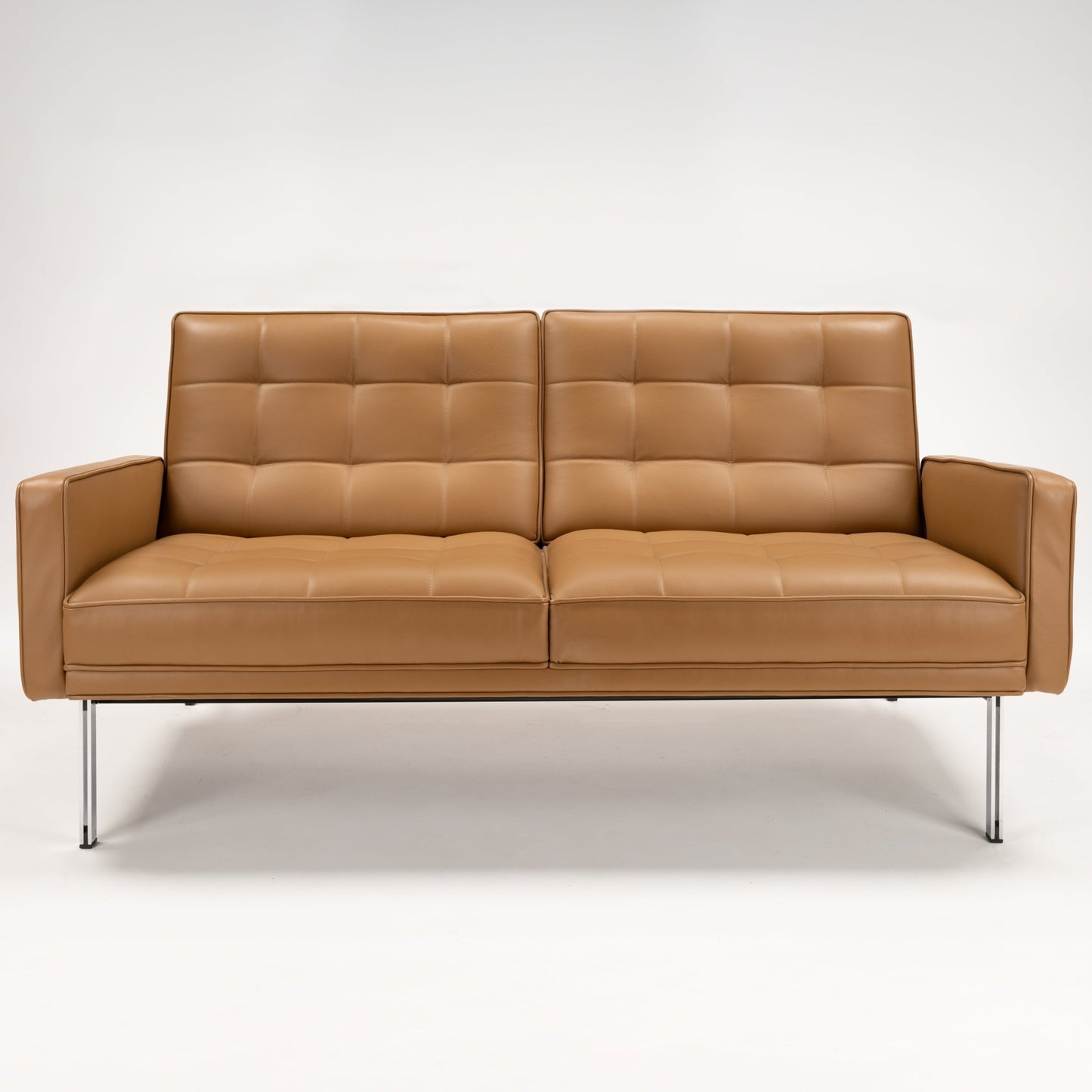 Florence Knoll 'Relaxed' Settee in Leather with caramel brown tufted cushions slim metal legs and structured arms in mid century modern furniture style