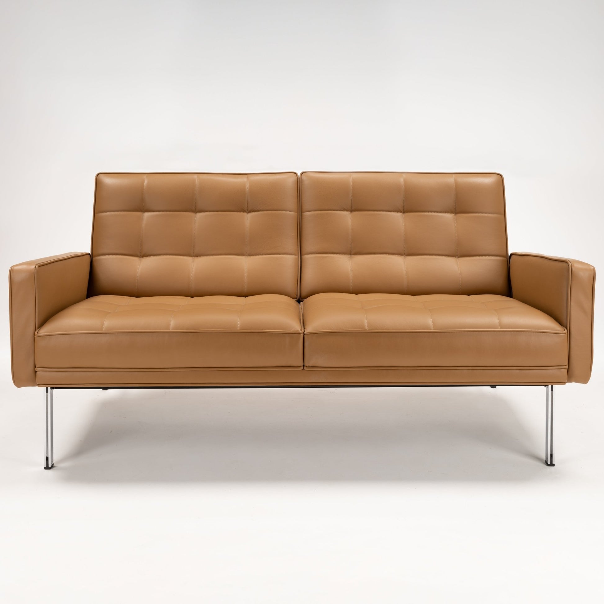 Florence Knoll 'Relaxed' Settee in Leather with caramel brown tufted cushions slim metal legs and structured arms in mid century modern furniture style