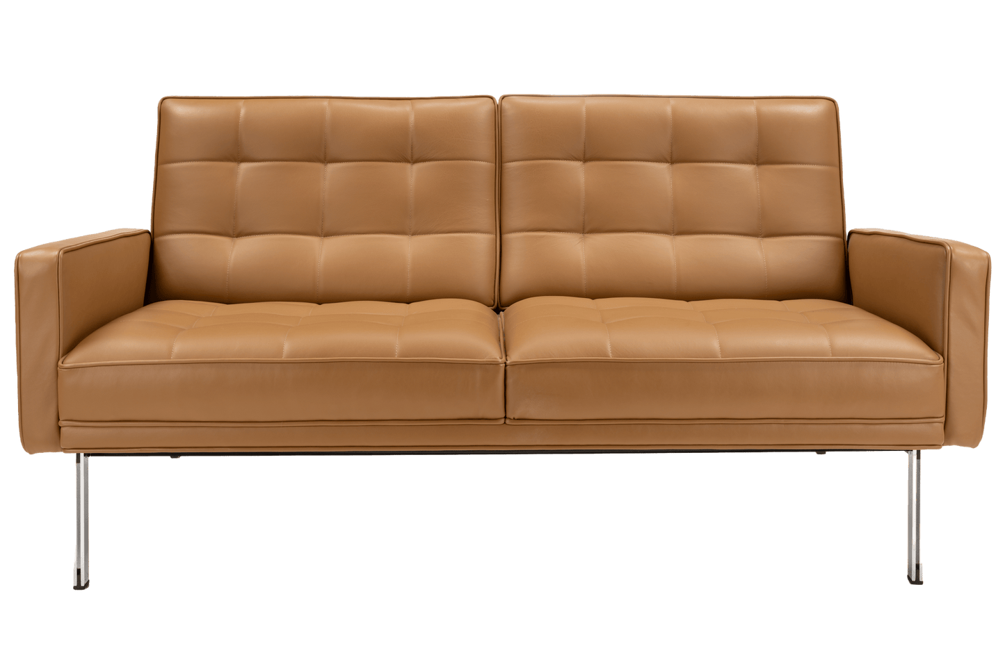 Florence Knoll 'Relaxed' Settee in Leather with caramel brown tufted cushions and slim metal legs in mid century modern furniture style