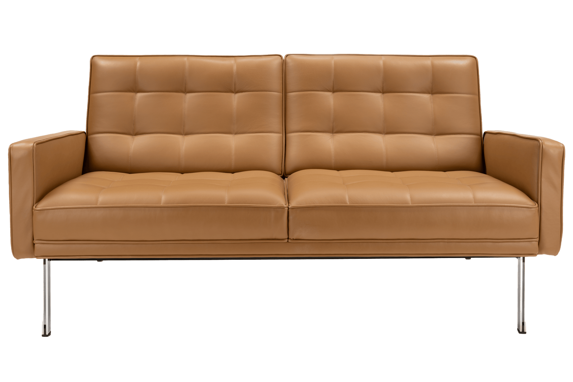 Florence Knoll 'Relaxed' Settee in Leather with caramel brown tufted cushions and slim metal legs in mid century modern furniture style