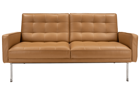 Florence Knoll 'Relaxed' Settee in Leather with caramel brown tufted cushions and slim metal legs in mid century modern furniture style
