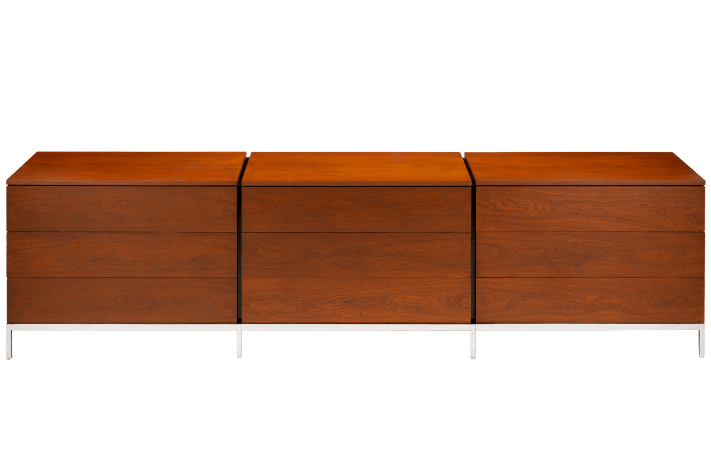 Florence Knoll Walnut Chest of Drawers with three spacious drawers rich walnut grain and polished metal legs in classic mid century modern furniture style