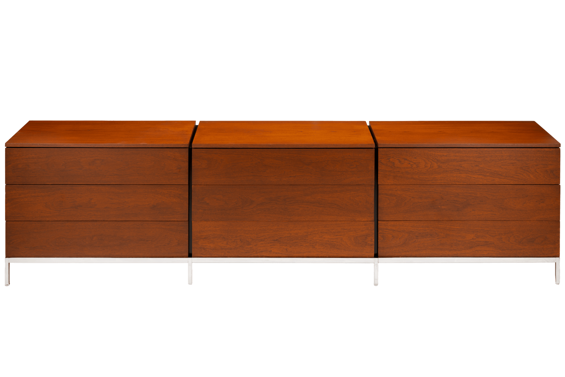 Florence Knoll Walnut Chest of Drawers with three spacious drawers rich walnut grain and polished metal legs in classic mid century modern furniture style