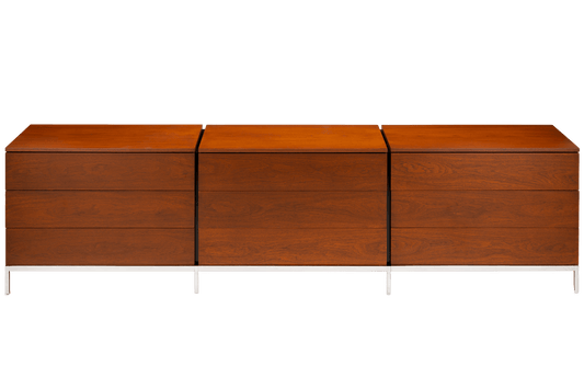 Florence Knoll Walnut Chest of Drawers with three spacious drawers rich walnut grain and polished metal legs in classic mid century modern furniture style