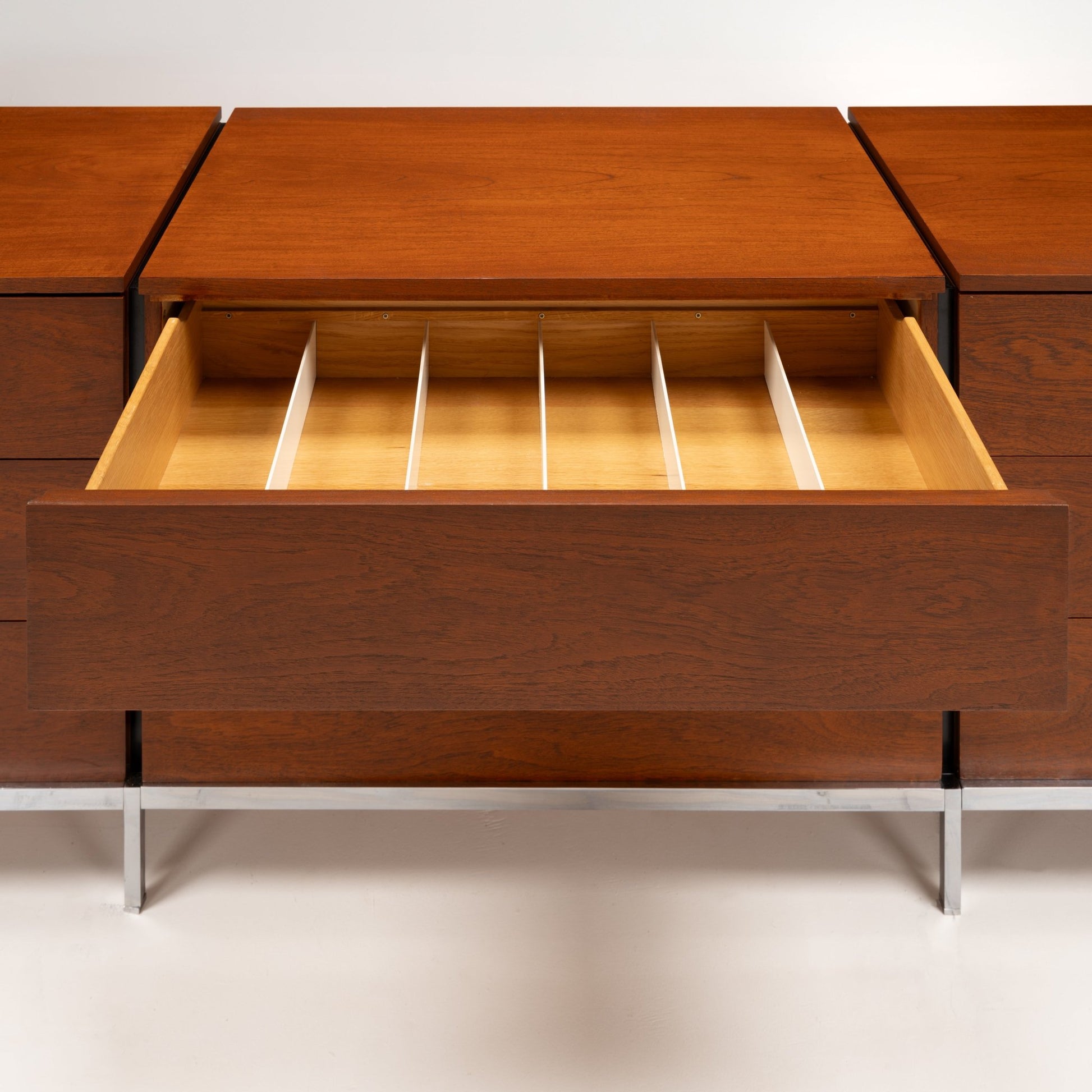 Florence Knoll Walnut Chest of Drawers open drawer with divided cream interior rich walnut grain and slender metal legs in mid century modern furniture style