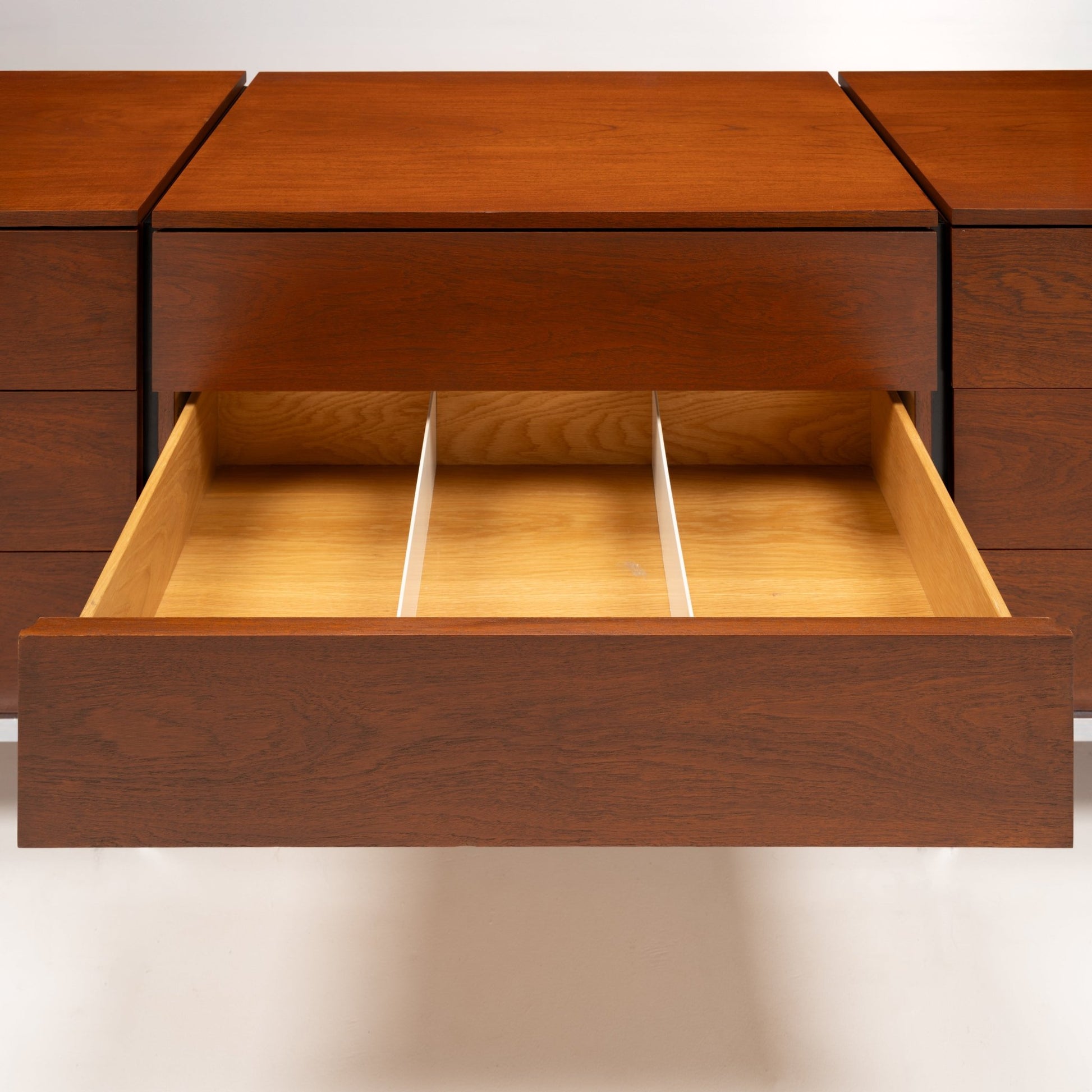 Florence Knoll Walnut Chest of Drawers with open drawer showing divided light wood interior and rich walnut grain in mid century modern furniture style