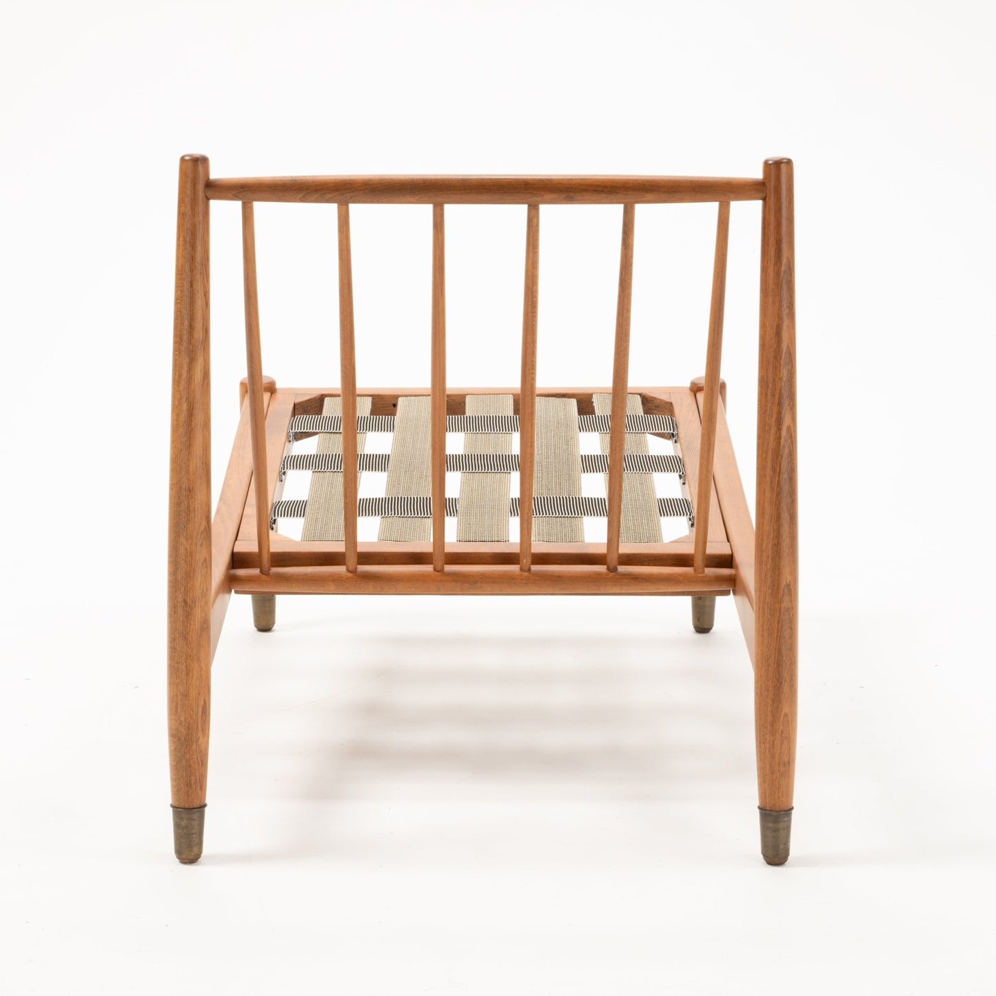 Rear view of Folke Ohlsson slipper chair frame with teak-beechwood slats and woven seat support without cushions