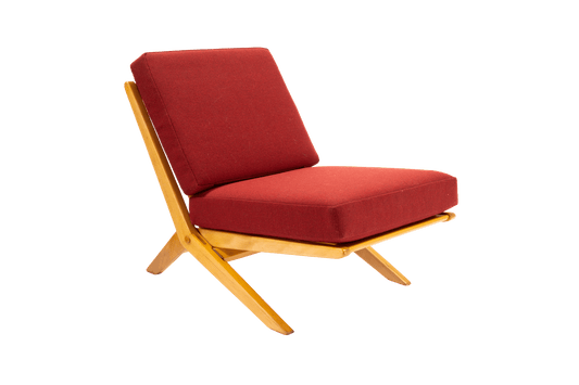 1960s France & Daverkosen collapsible scissor chair with red cushions and solid beech wood frame in Danish design