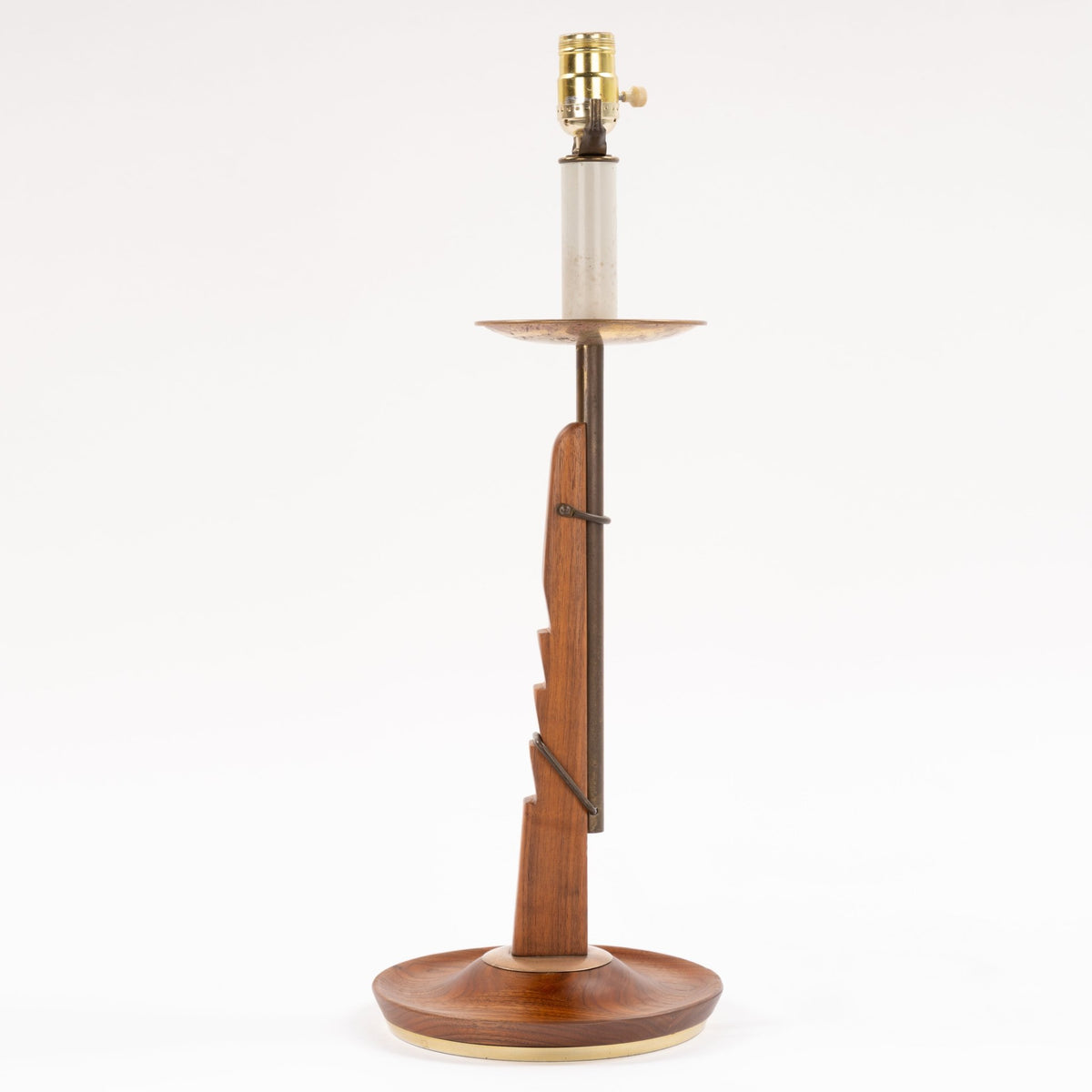 Francis Elkins Attributed Ratchet Table Lamp with sculptural walnut column brass tray exposed socket and round wood base in mid century modern lighting
