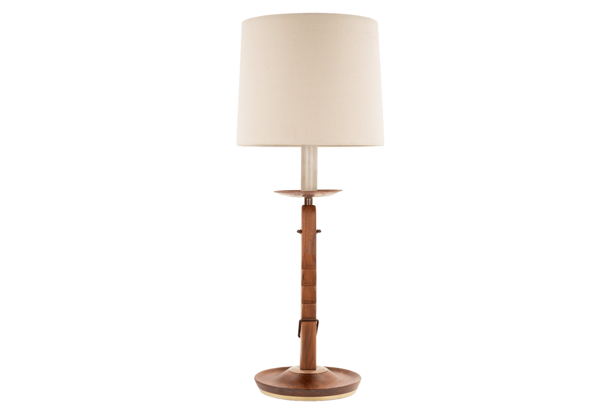Francis Elkins Attributed Ratchet Table Lamp with a tall wood and brass column cream drum shade and round base in vintage mid century modern lighting