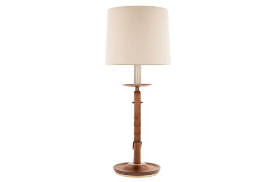 Francis Elkins Attributed Ratchet Table Lamp with a tall wood and brass column cream drum shade and round base in vintage mid century modern lighting
