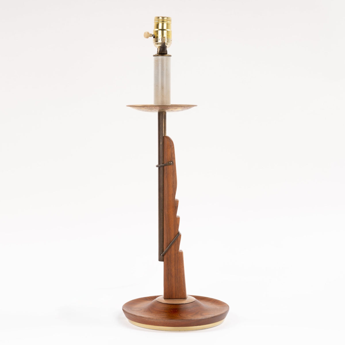 Francis Elkins Attributed Ratchet Table Lamp with sculptural walnut column brass tray exposed socket and round wood base in mid century modern lighting