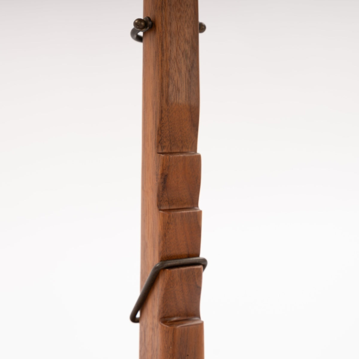 Francis Elkins Attributed Ratchet Table Lamp closeup of its warm walnut column and articulated ratchet hardware in mid century modern lighting