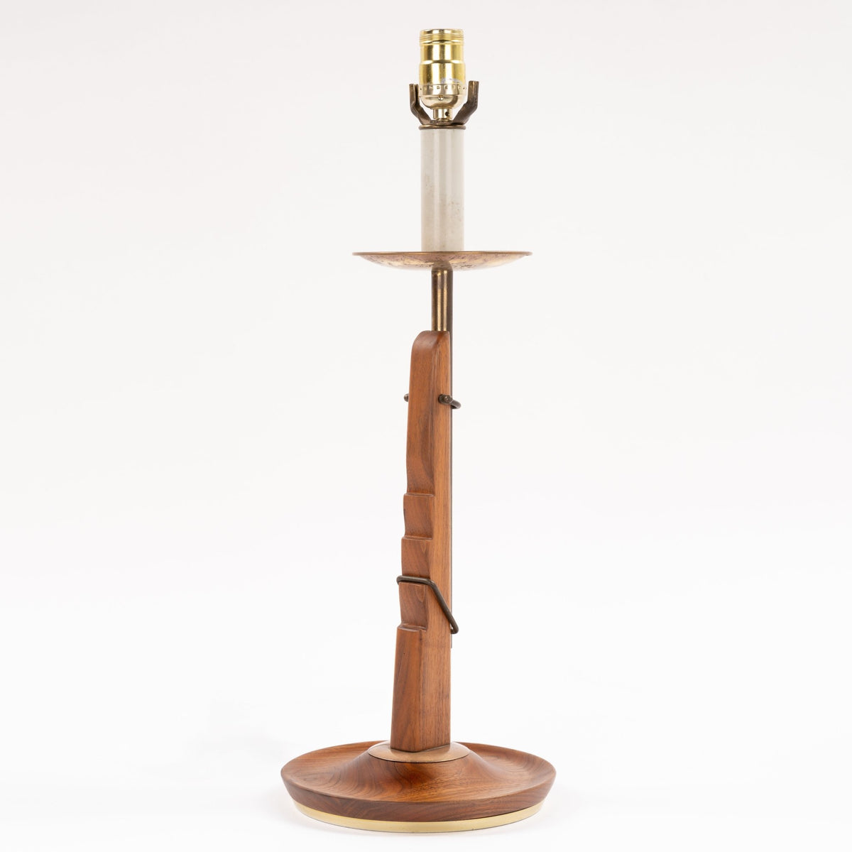 Francis Elkins Attributed Ratchet Table Lamp with a slender wood column brass tray exposed socket and round wood base in mid century modern lighting