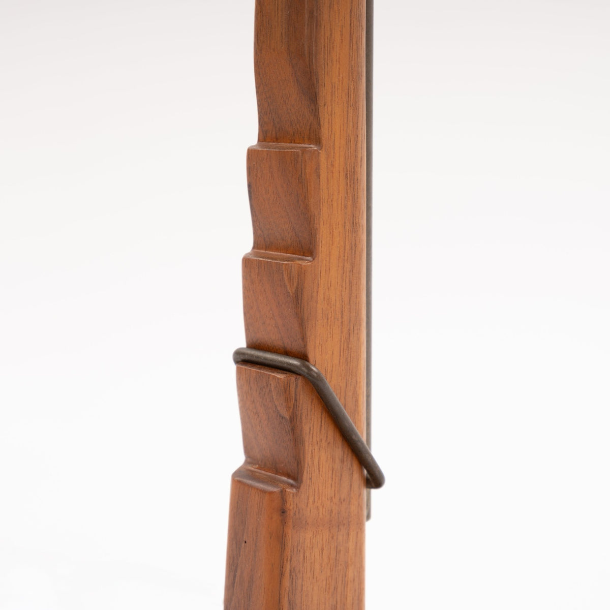Francis Elkins Attributed Ratchet Table Lamp detail showing the sculpted warm wood column and dark electrical cord in mid century modern lighting