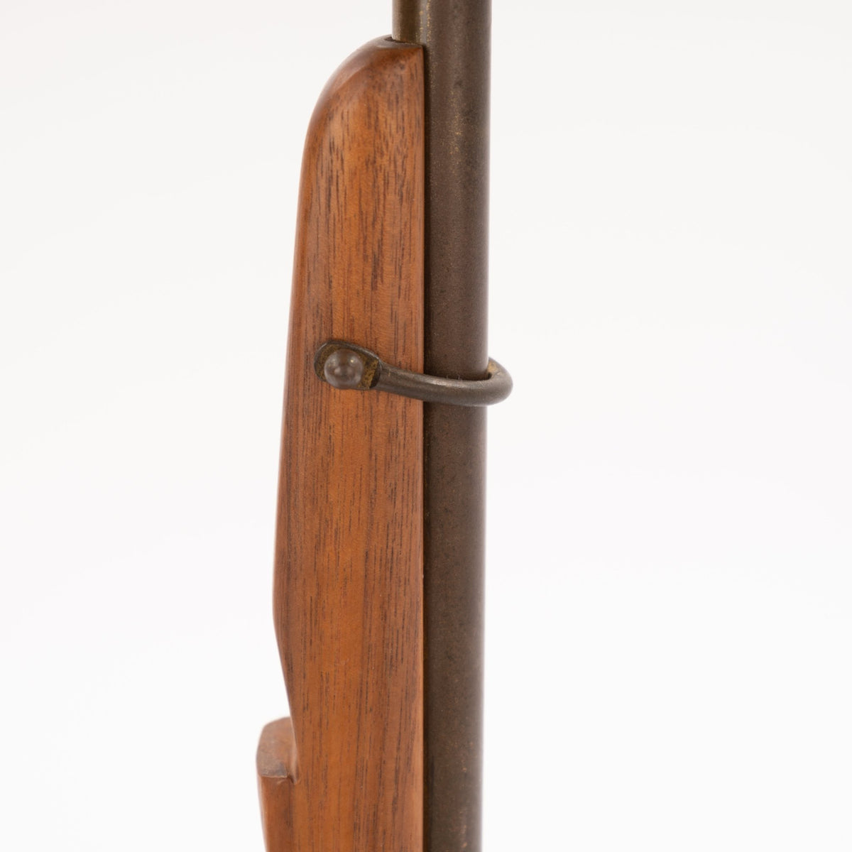 Francis Elkins Attributed Ratchet Table Lamp detail of its sculpted walnut column and dark metal ratchet hardware in mid century modern lighting