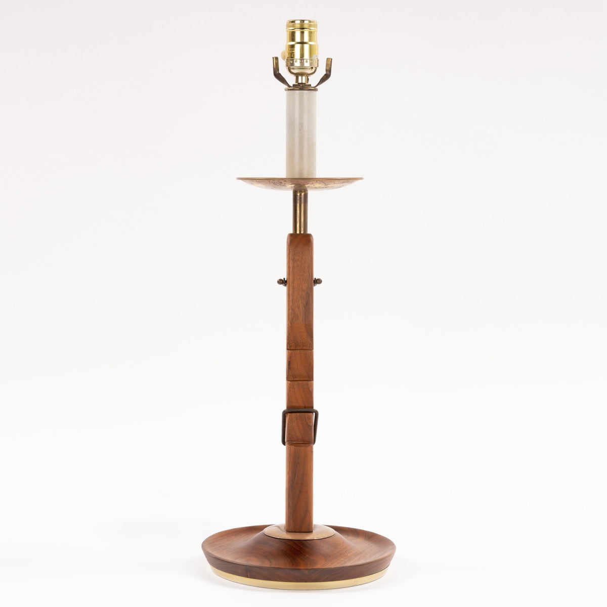 Francis Elkins Attributed Ratchet Table Lamp with walnut column brass tray exposed socket and round wood base in mid century modern lighting