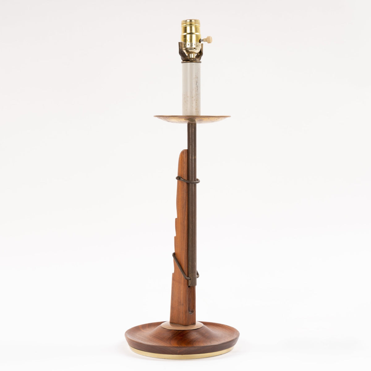 Francis Elkins Attributed Ratchet Table Lamp with a tall wood column brass socket tray and round wood base in mid century modern lighting
