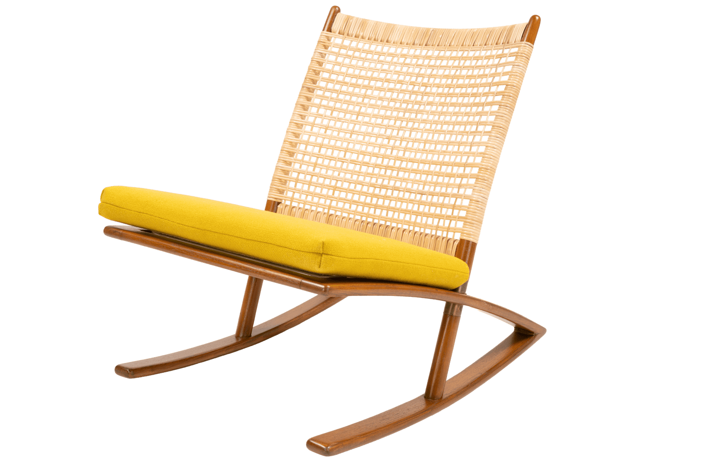 Fredrik Kayser Model 599 rocking chair with woven backrest, teak frame, and mustard yellow cushioned seat on white background