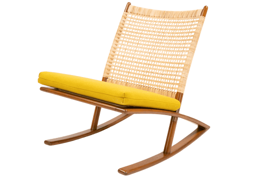 Fredrik Kayser Model 599 rocking chair with woven backrest, teak frame, and mustard yellow cushioned seat on white background