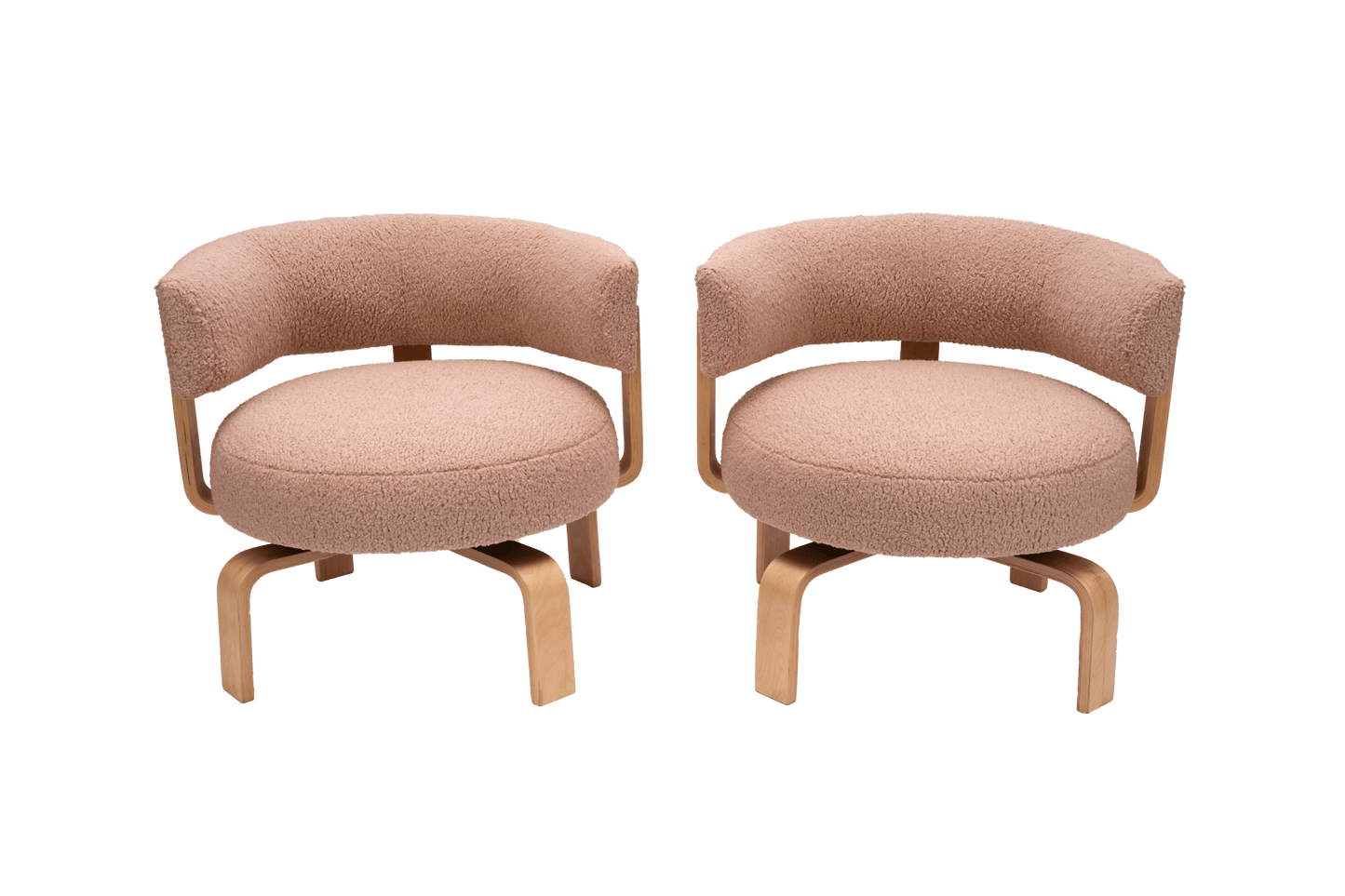Pair of 2000s Fridene swivel armchairs by Carina Bengs with maharam faux sheepskin upholstery and beechwood frame.