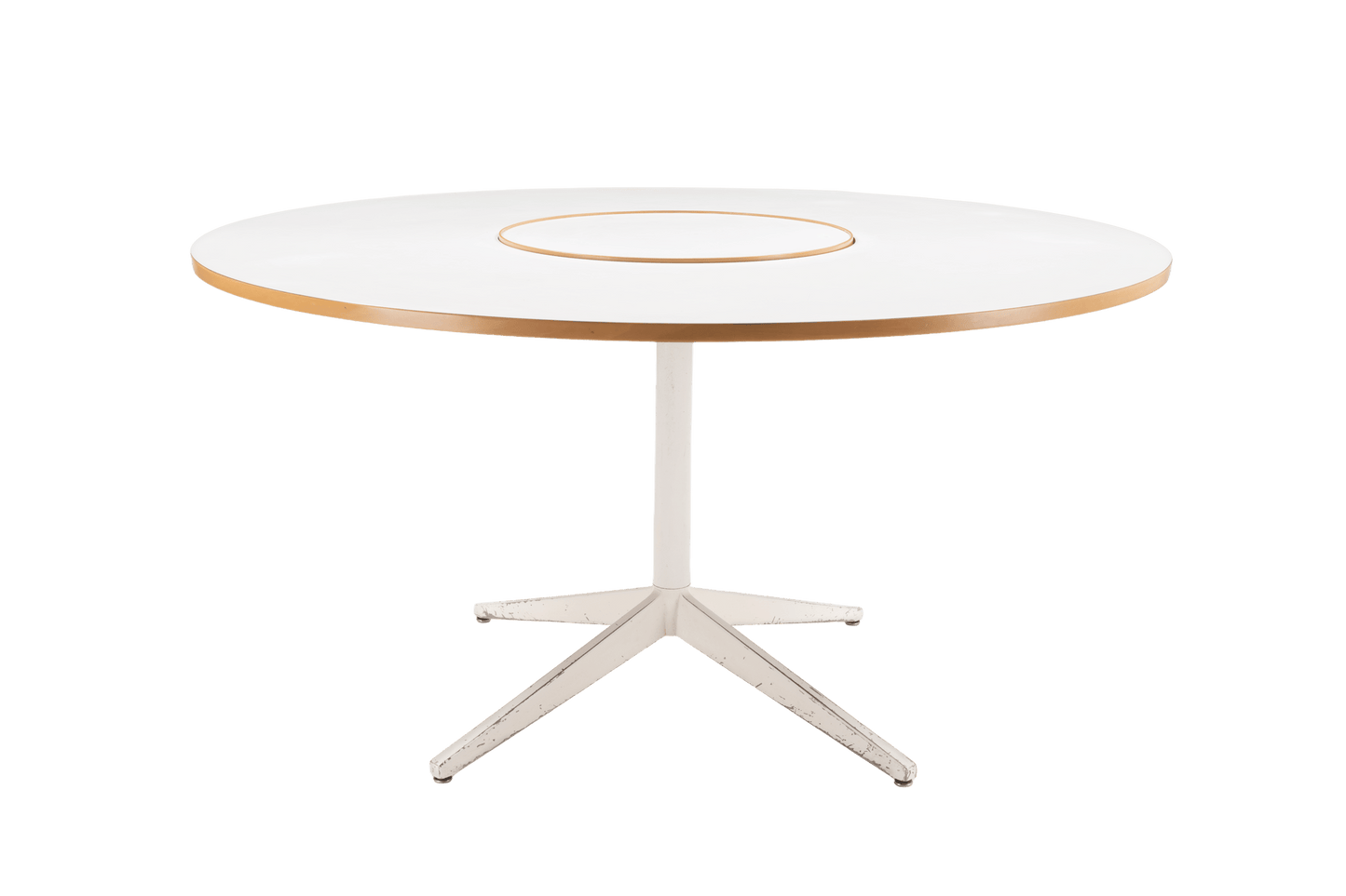 George Nelson 1950s circular white laminate dining table with central rotating Lazy Susan and metal base