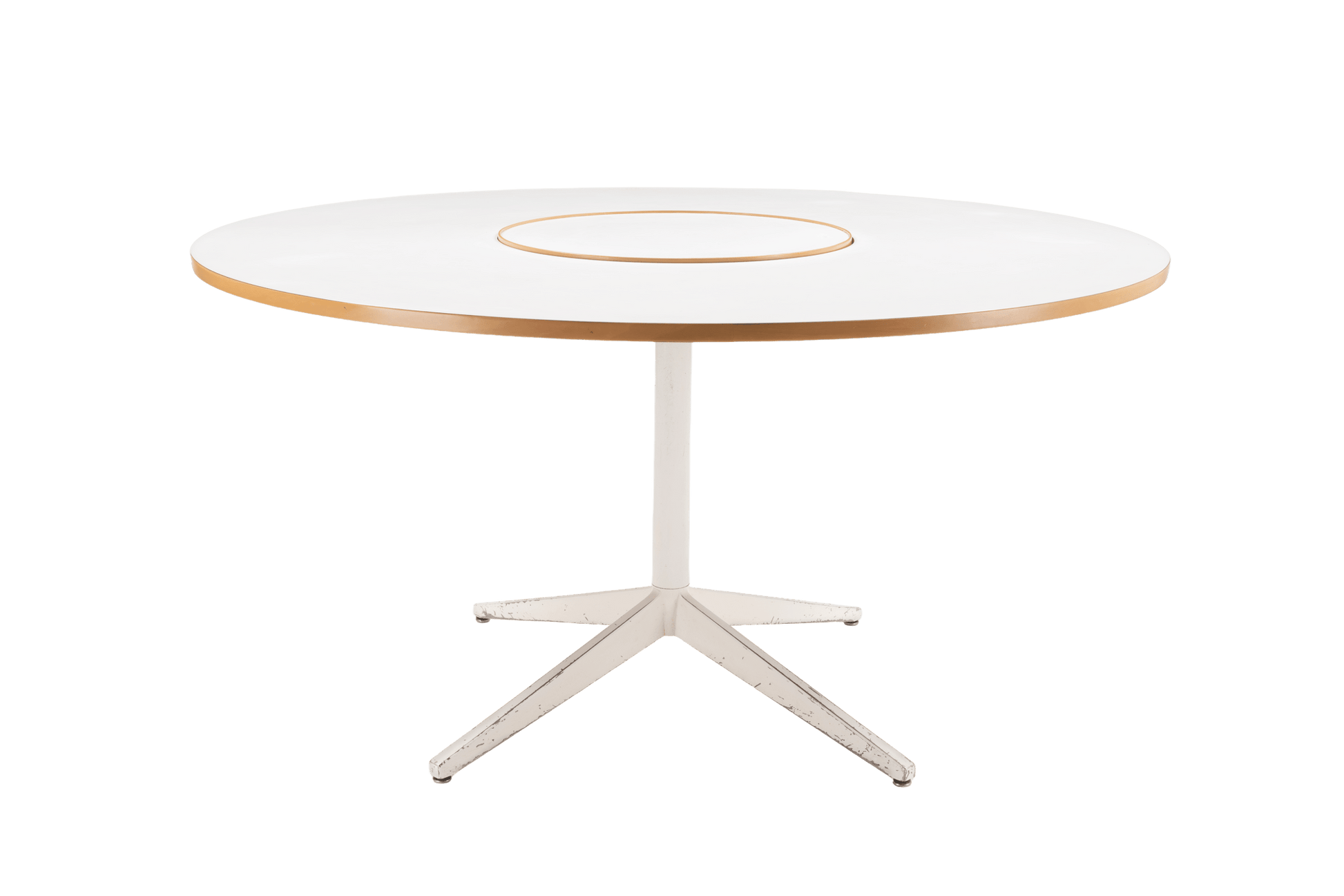 George Nelson 1950s circular white laminate dining table with central rotating Lazy Susan and metal base