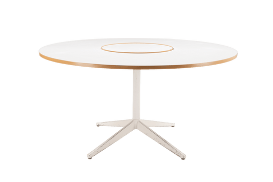 George Nelson 1950s circular white laminate dining table with central rotating Lazy Susan and metal base