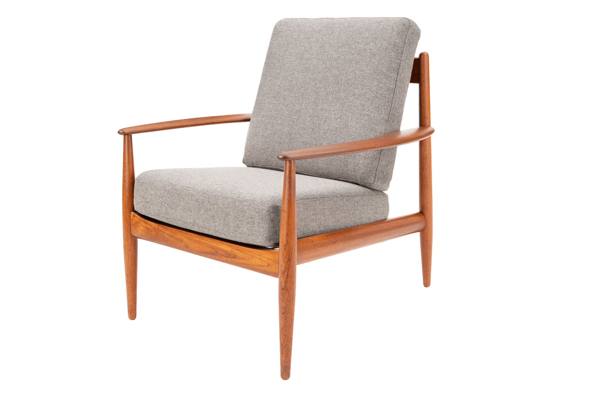 Mid-century wooden armchair with angled legs and curved frame, upholstered in light gray fabric cushions