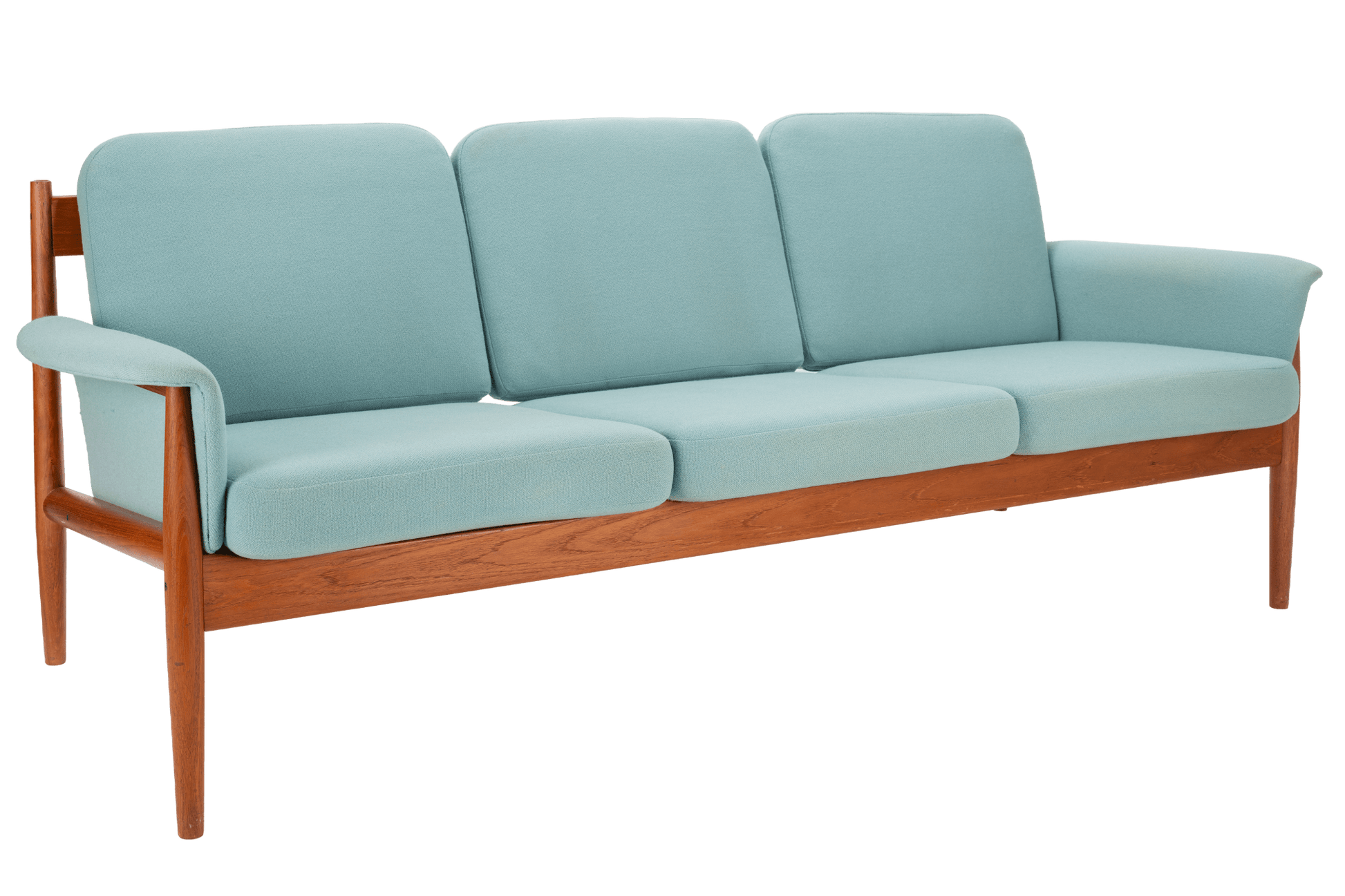 Grete Jalk Model 118 Teak Sofa featuring a sleek teak frame with gently curved armrests and light blue upholstered cushions, exemplifying classic mid century modern seating design.