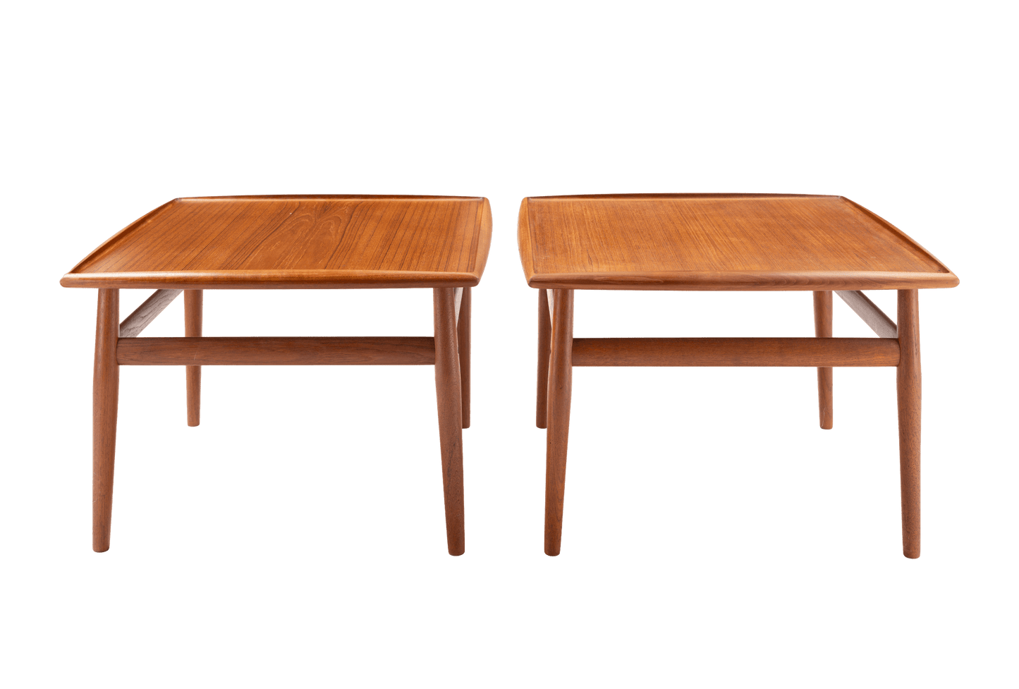 Pair of Grete Jalk teak square side tables with raised frame and turned legs connected by stretchers, circa 1960s