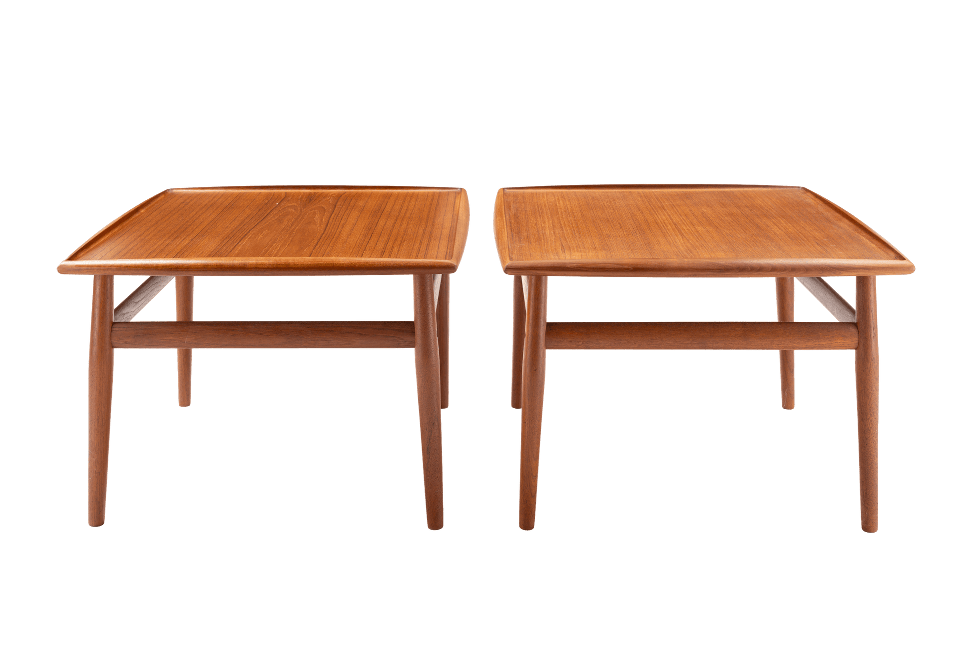 Pair of Grete Jalk teak square side tables with raised frame and turned legs connected by stretchers, circa 1960s