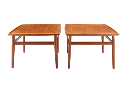 Pair of Grete Jalk teak square side tables with raised frame and turned legs connected by stretchers, circa 1960s